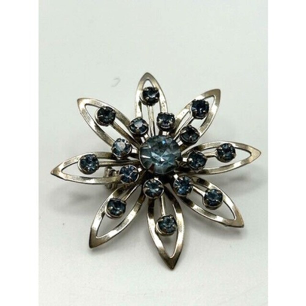 Vintage Blue Rhinestone Accented Brooch Pin 2 Inches With Box